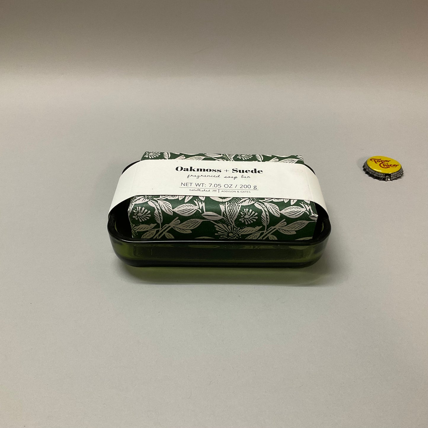 Green Glass Soap Dish with Soap