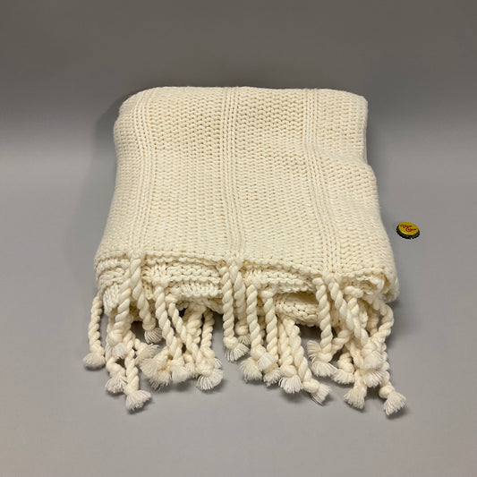 Cream Knit Throw Blanket with Tassles