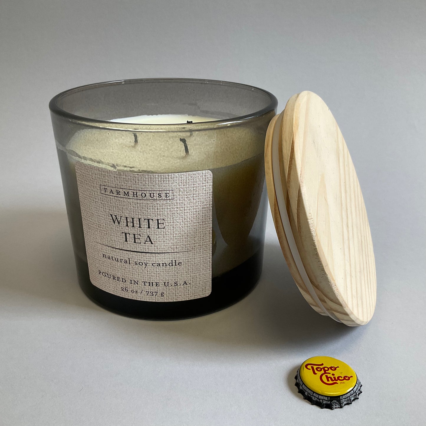 Wood Lidded Gray Glass Candle