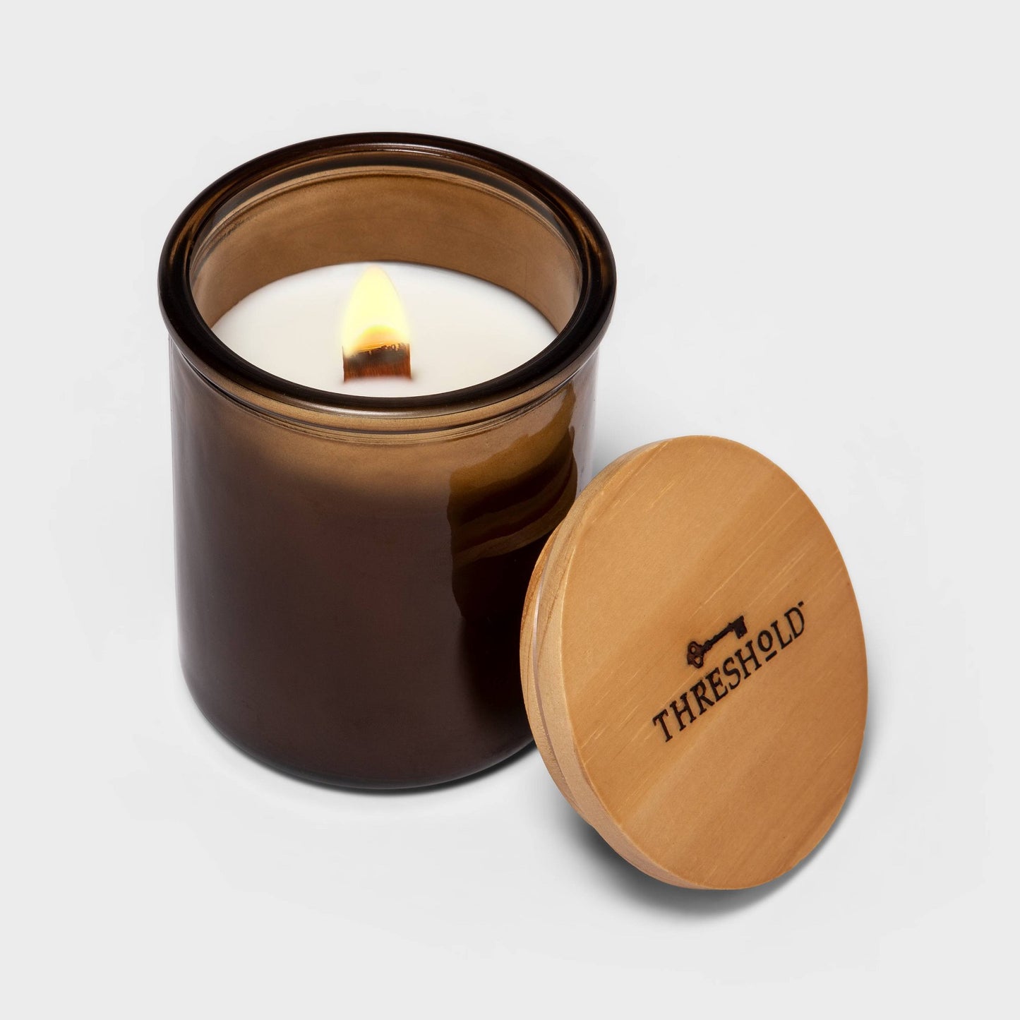 Wood Lidded Amber Glass Candle