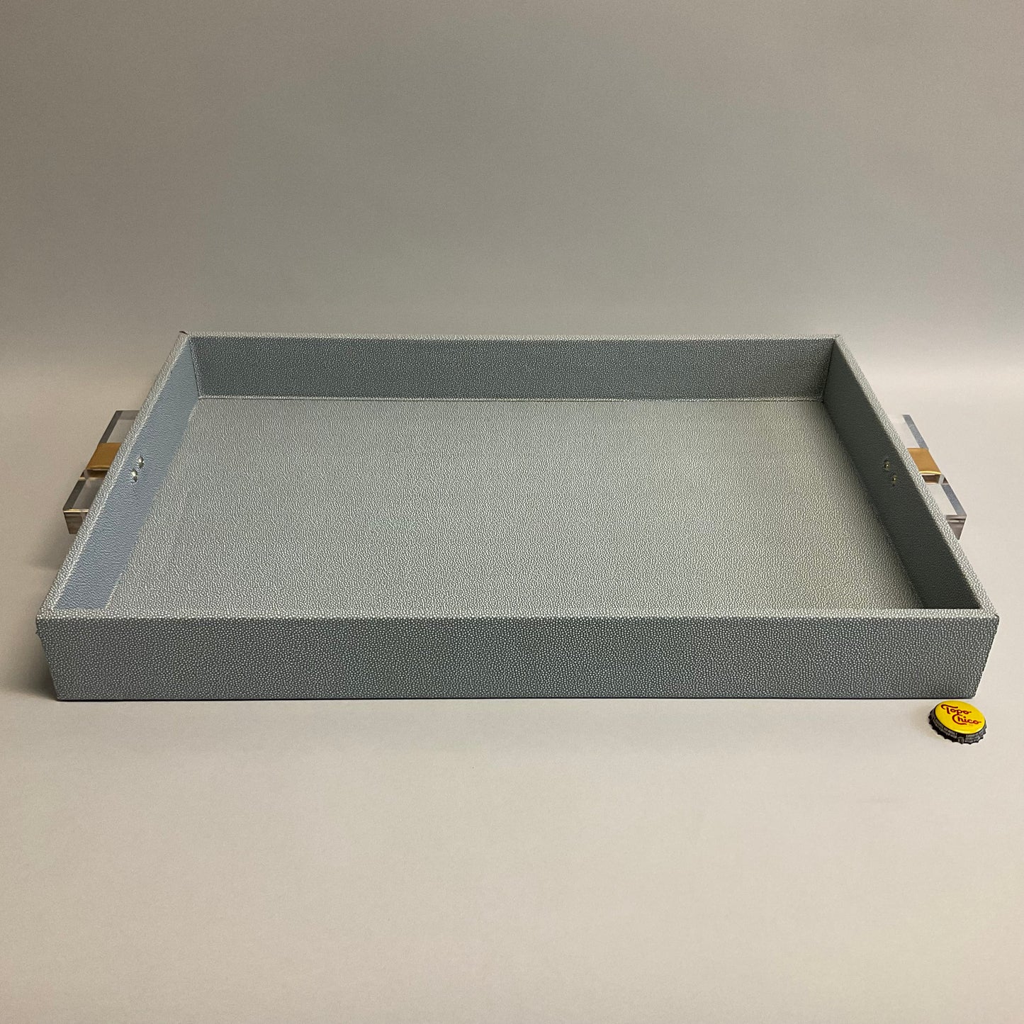 Gray Faux Shagreen Tray with Clear Handles